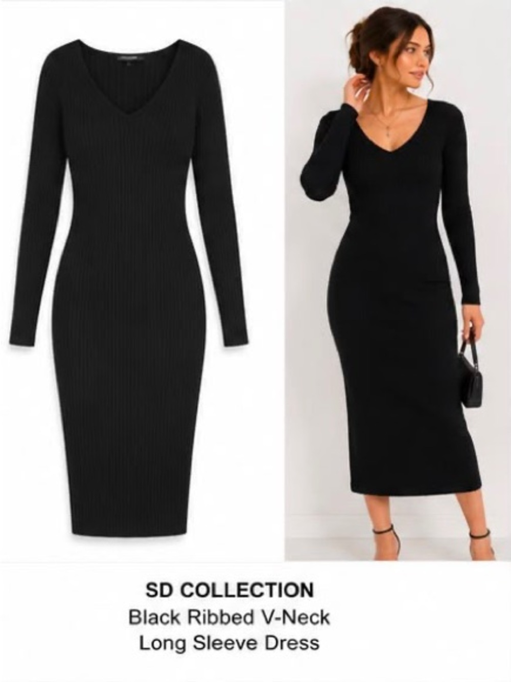 SD Collection Black Ribbed V-Neck Long Sleeve Dress